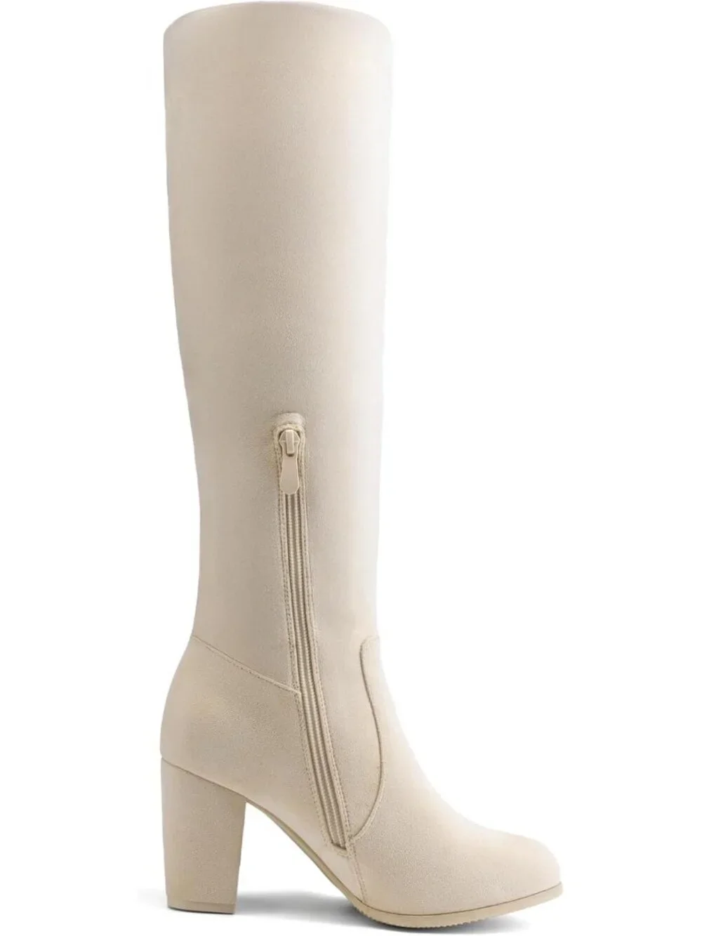 Women's Beige Faux Fur Lined Square Toe Side Zipper Knee High Riding Boots